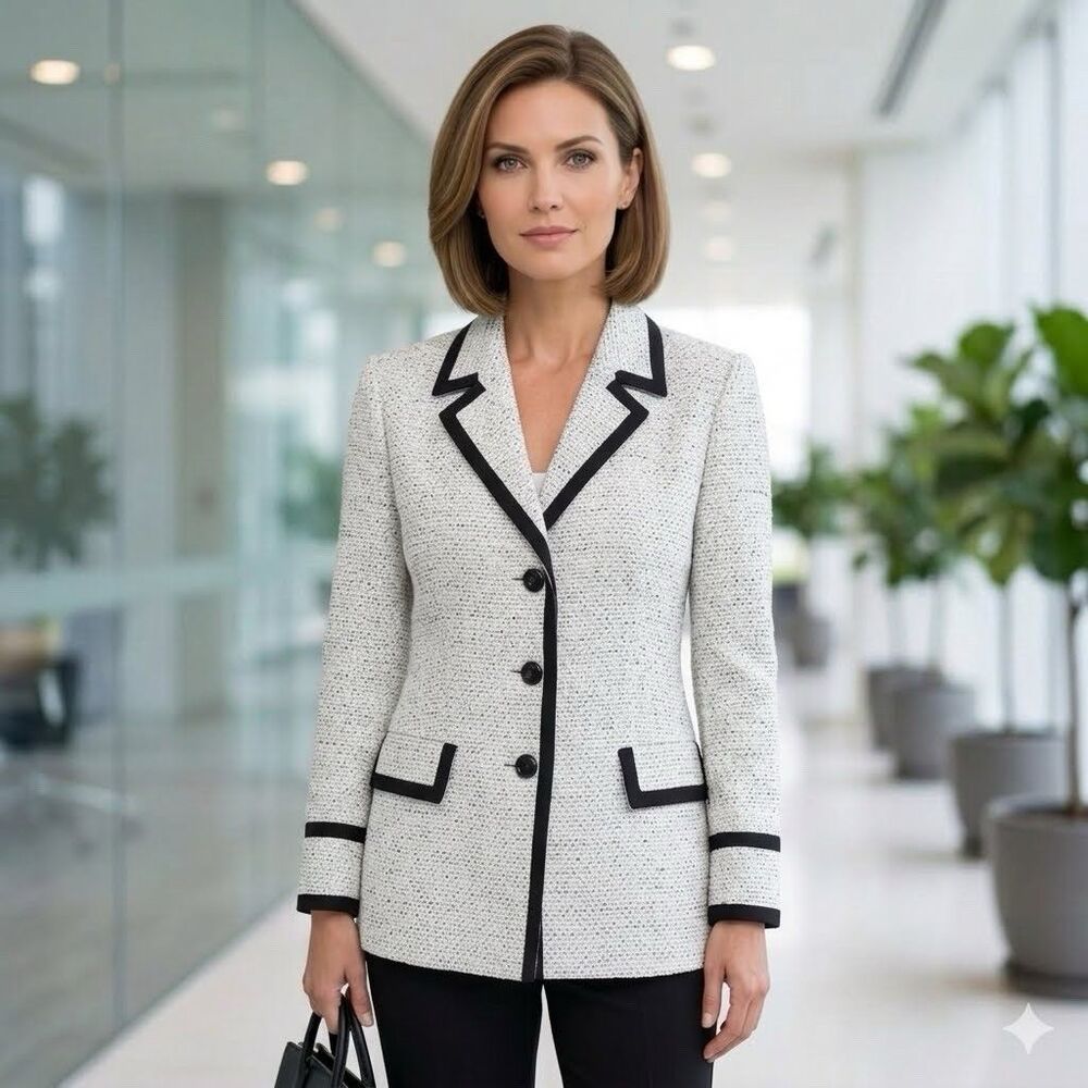 Kasper Tweed Contrast Black White 3 Button Women's Blazer Jacket Plus Size 18 - Picture 1 of 16